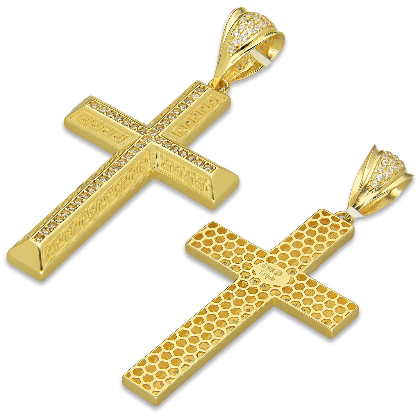 MR14DJ078 Dije Oro Sólido 14K EM14 Cruz Grecas Pavé 3 cm x 6.4 cm