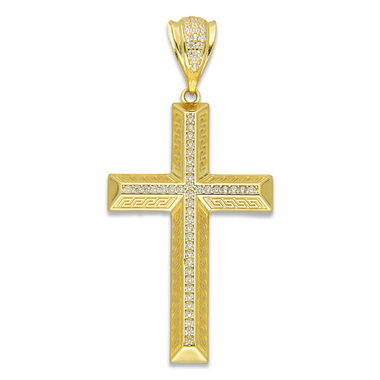 MR14DJ078 Dije Oro Sólido 14K EM14 Cruz Grecas Pavé 3 cm x 6.4 cm