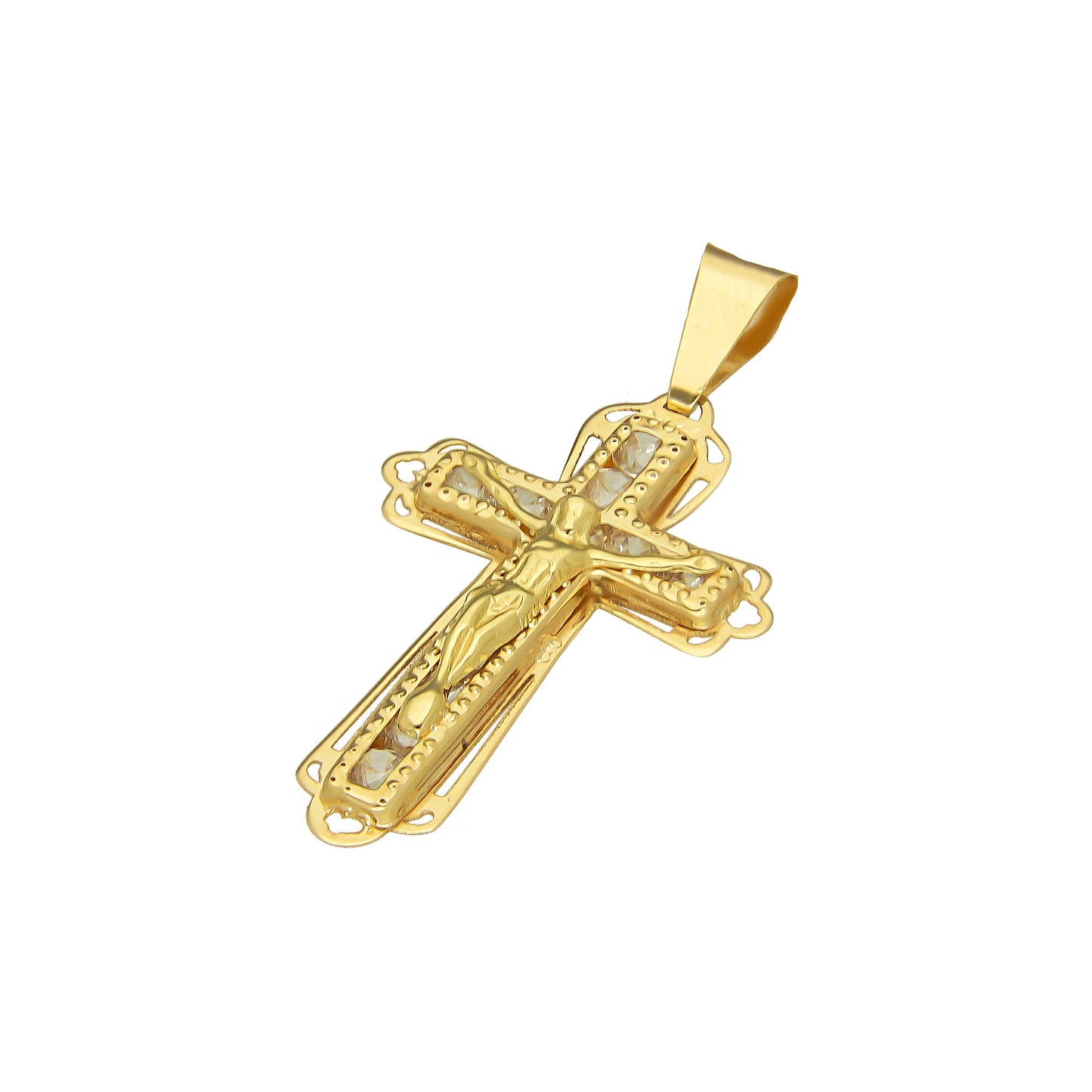 MR14DJ079 Dije Oro Sólido 14K EM14 Crucifijo Filigrana Tamaño 1 1.6 cm x 3.1 cm