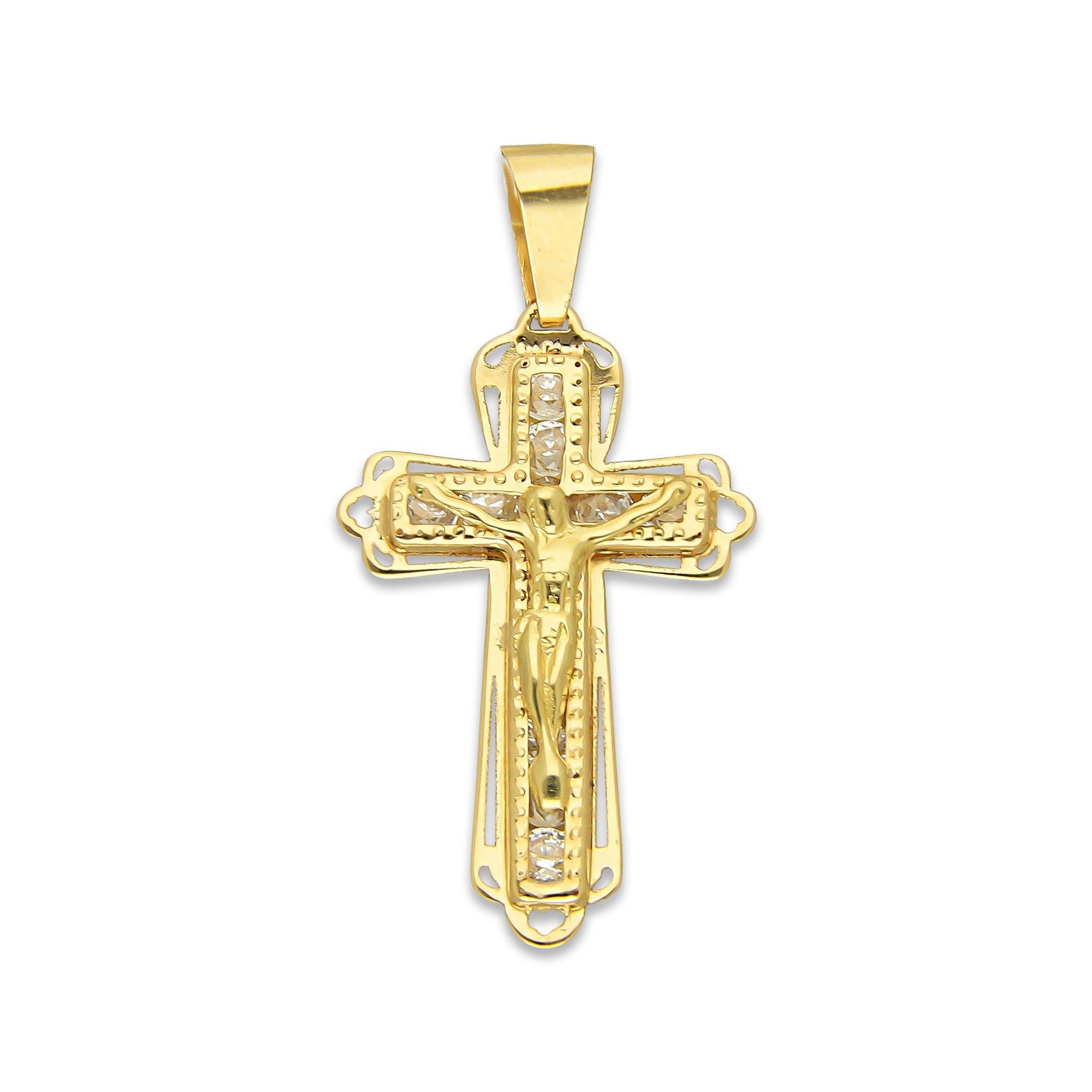 MR14DJ079 Dije Oro Sólido 14K EM14 Crucifijo Filigrana Tamaño 1 1.6 cm x 3.1 cm