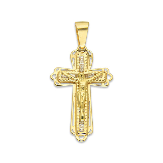 MR14DJ079 Dije Oro Sólido 14K EM14 Crucifijo Filigrana Tamaño 1 1.6 cm x 3.1 cm