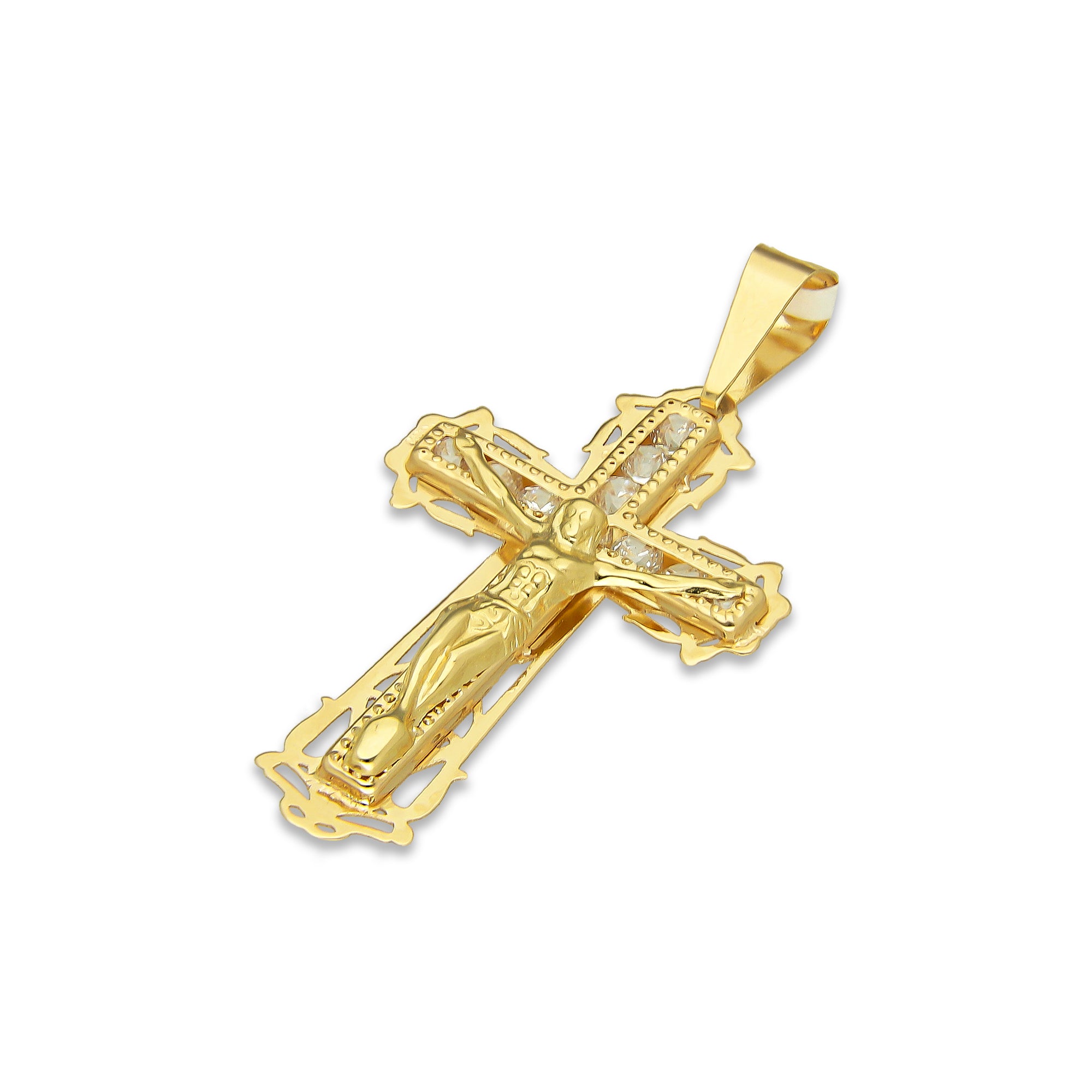 MR14DJ080 Dije Oro Sólido 14K EM14 Crucifijo Filigrana Tamaño 2 1.9 cm x 3.8 cm
