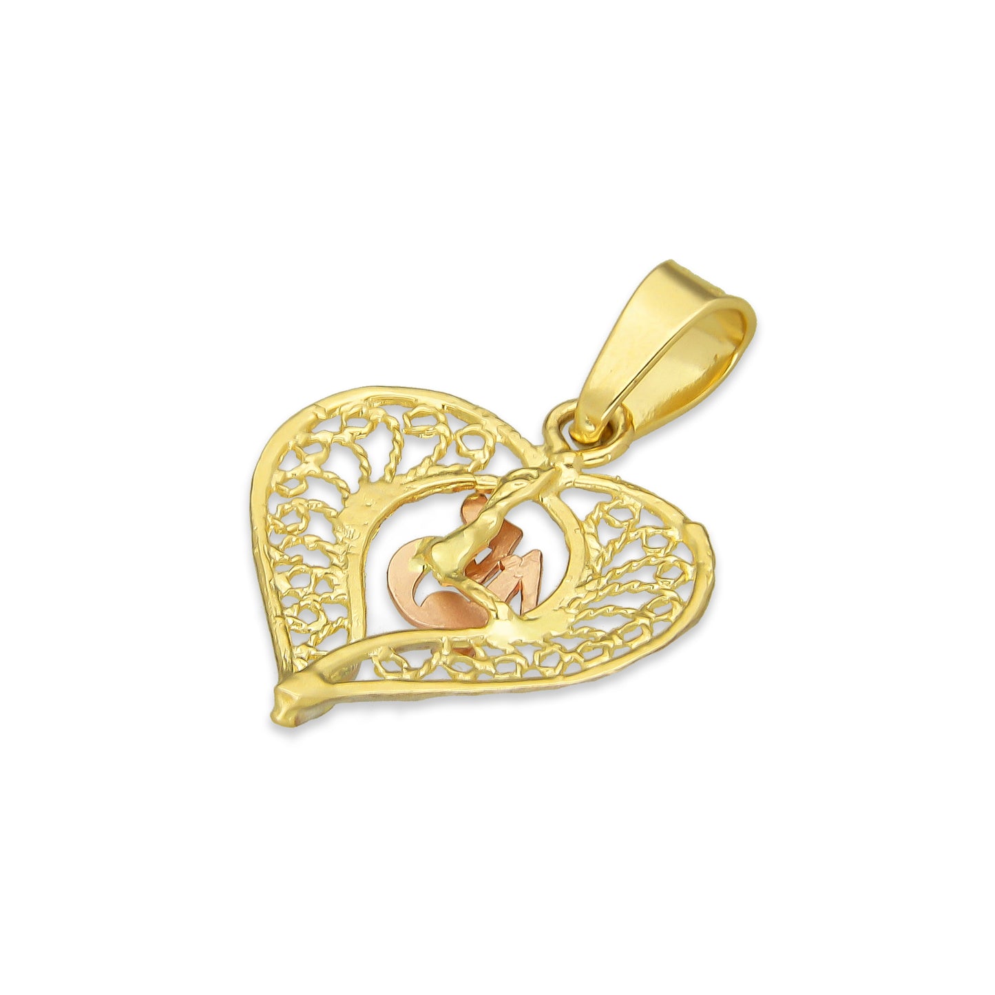 MR14DJ086 Dije Oro Sólido 14K Corazón Filigrana 15 Años 1.7 cm x 2.5 cm