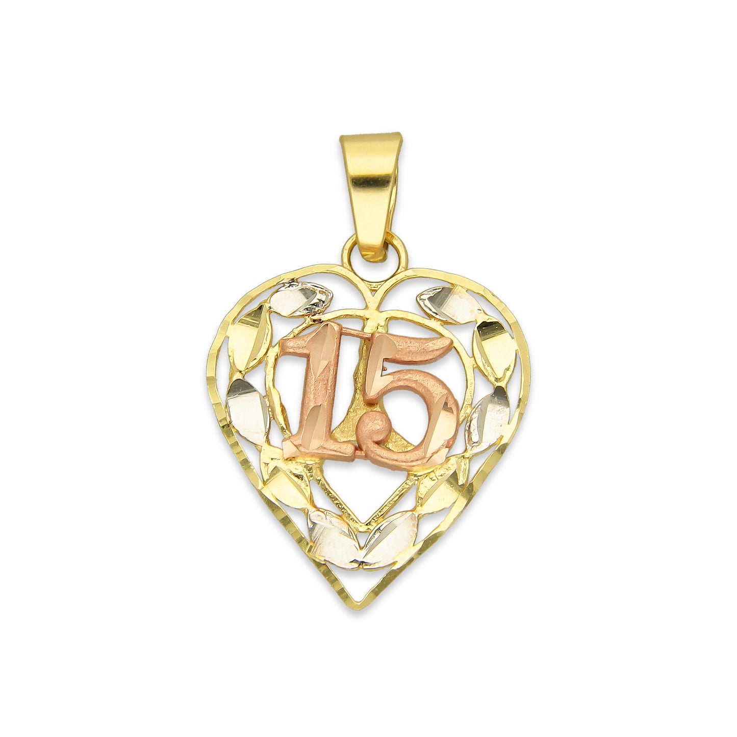 MR14DJ087 Dije Oro Sólido 14K Corazón Hojas 15 Años 1.7 cm x 2.6 cm