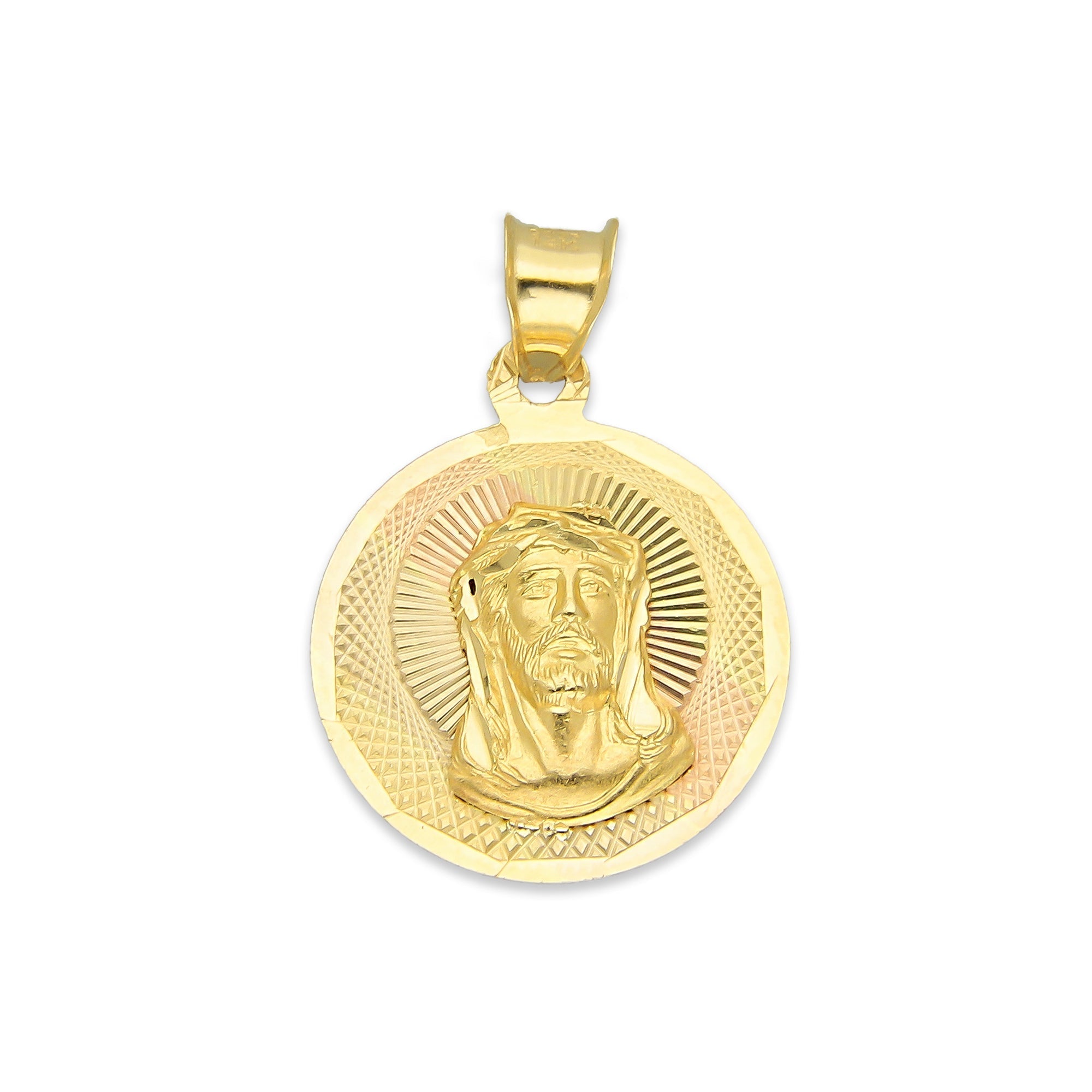 MR14DJ093 Dije Medalla Oro Sólido 14K Redonda Rostro de Cristo Diamantada 1.6 cm x 2.3 cm