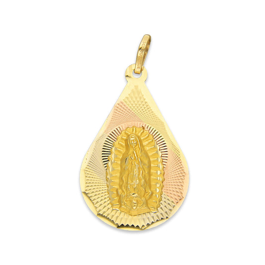 MR14DJ095 Dije Medalla Oro Sólido 14K Gota Virgen Diamantada 1.7 cm x 3.1 cm