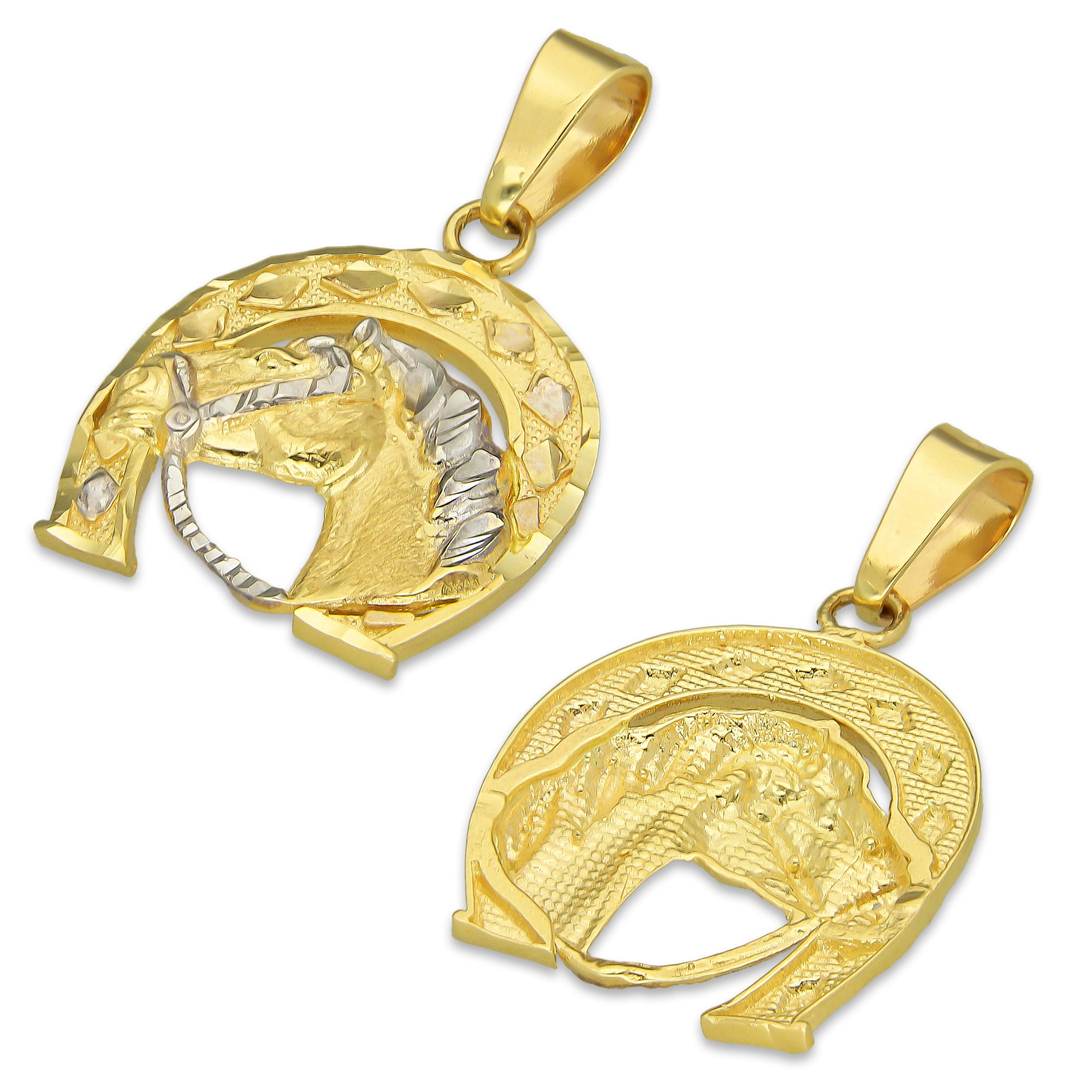 MR14DJ106 Dije Oro Sólido 14K Herradura Cabeza de Caballo Rienda Diamantada 2 cm x 3.3 cm