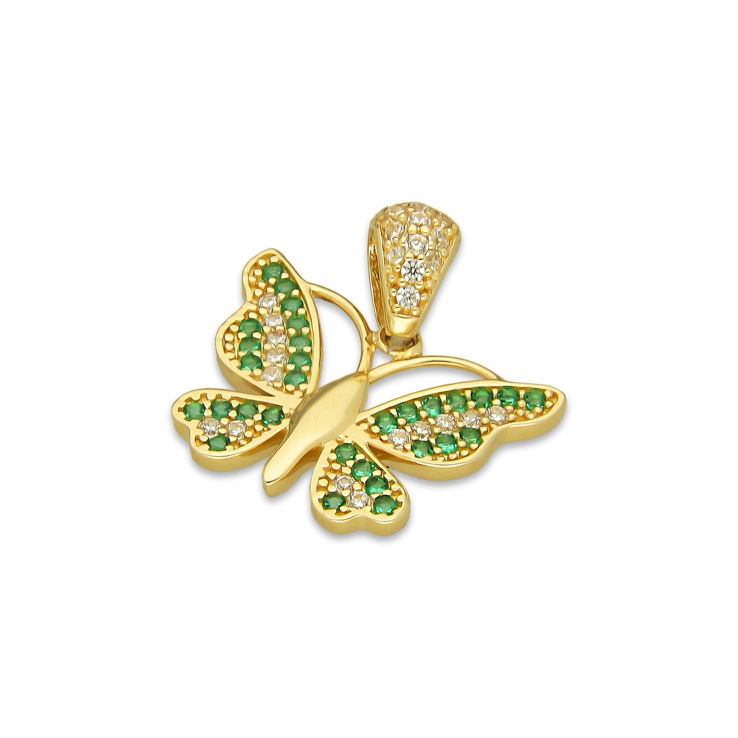 MR14DJ107 Dije Oro Sólido 14K Mariposa Zirconias Verde y Blanco 1.8 cm x 1.8 cm