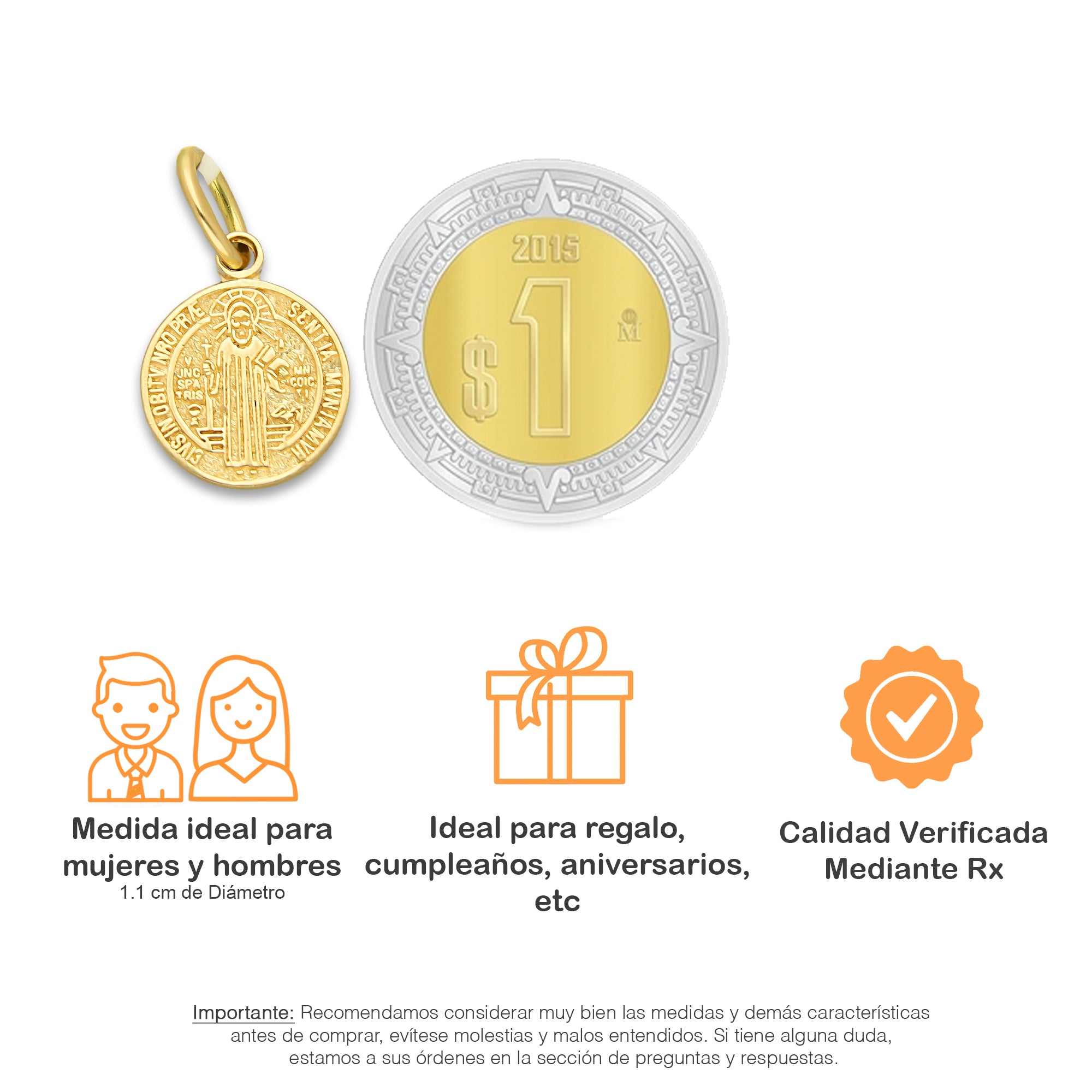 MR14DJ111 Dije Oro Sólido 14K EM Mod Medalla de San Benito Doble Vista Diámetro 1.1 cm
