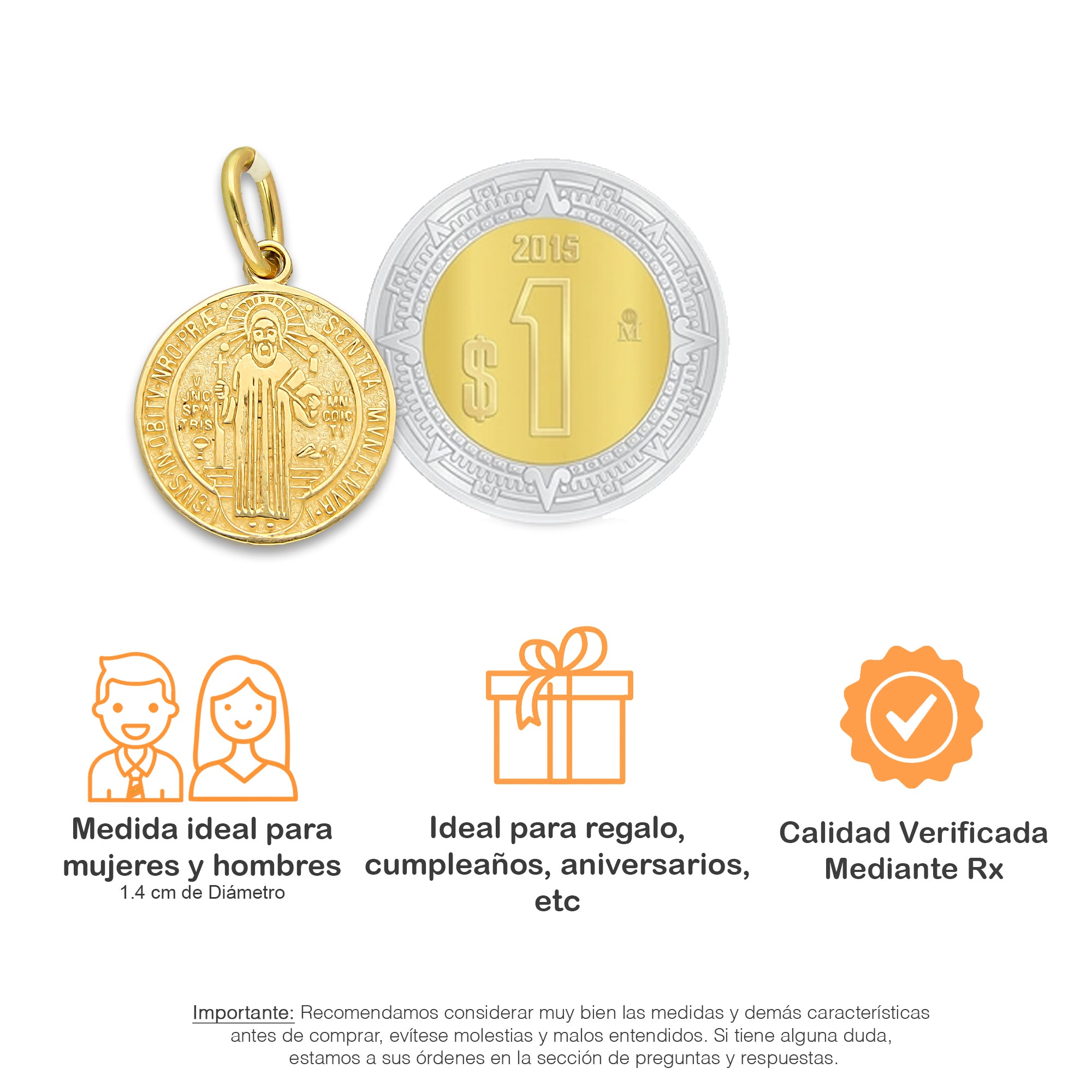 MR14DJ112 Dije Oro Sólido 14K EM Mod Medalla de San Benito Doble Vista Diámetro 1.4 cm