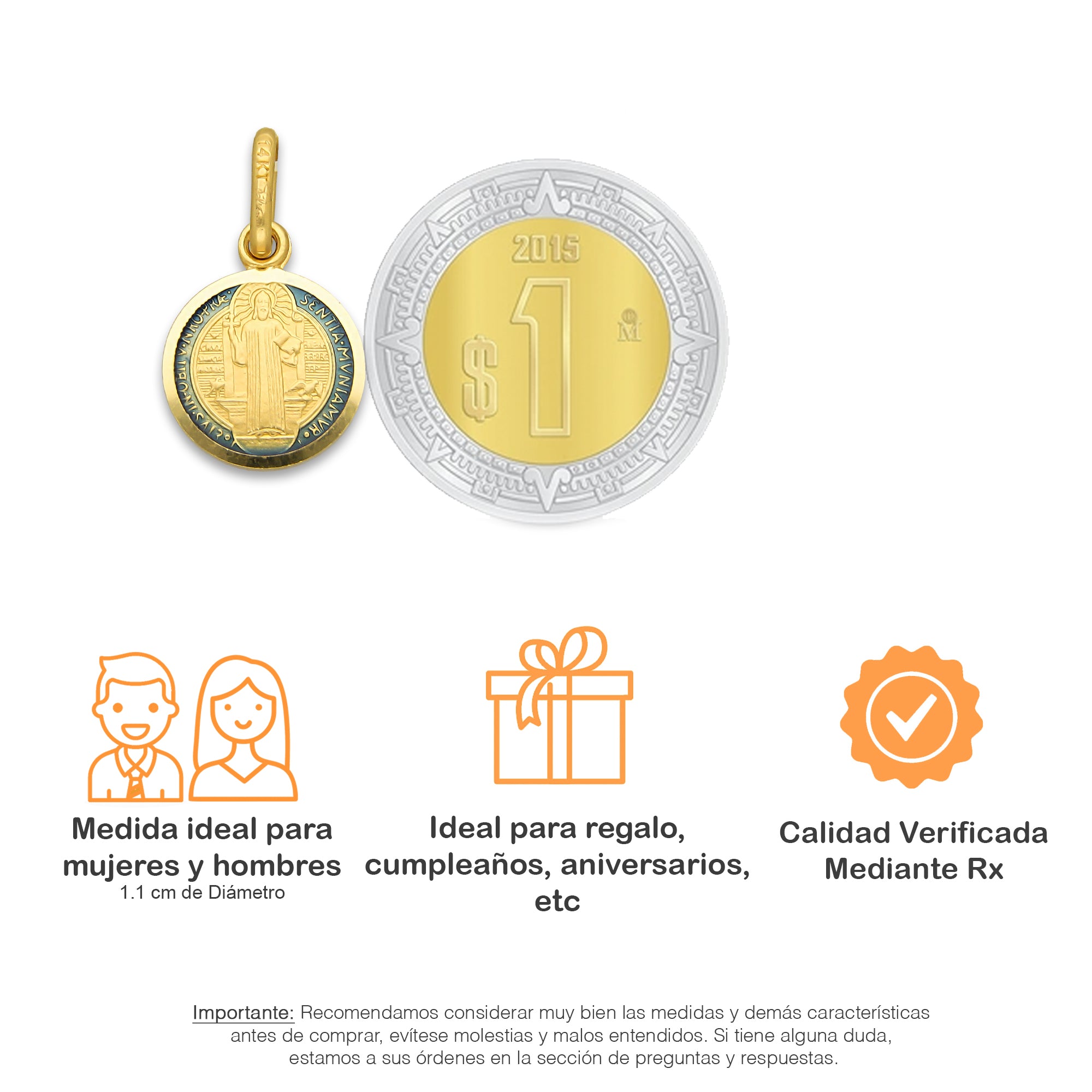 MR14DJ114 Dije Oro Sólido 14K EM Mod Medalla de San Benito Doble Vista Esmaltada Diámetro 1.1 cm