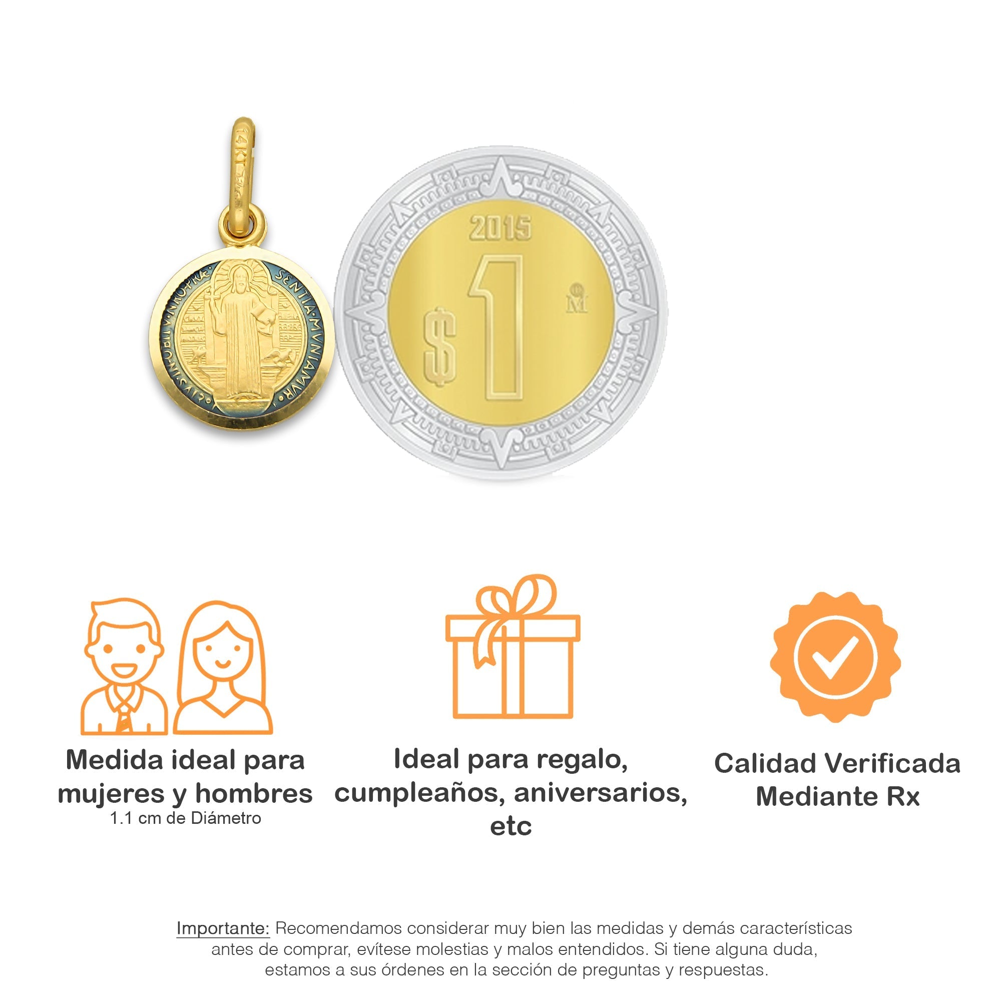 MR14DJ114 Dije Oro Sólido 14K EM Mod Medalla de San Benito Doble Vista Esmaltada Diámetro 1.1 cm