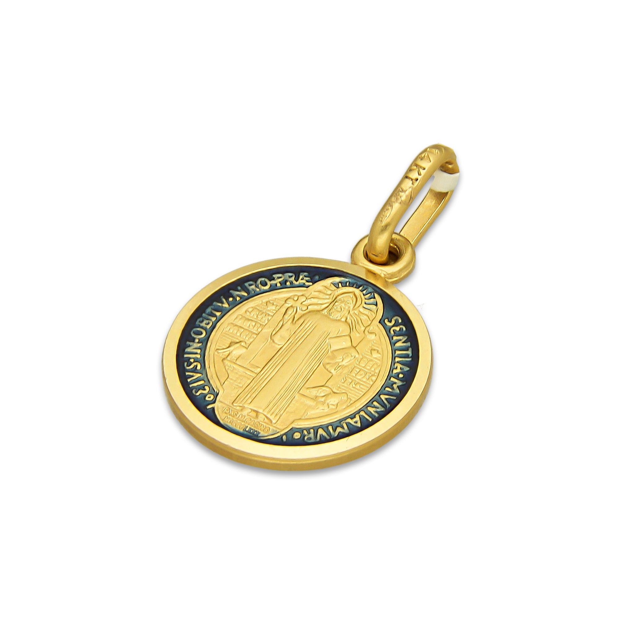 MR14DJ115 Dije Oro Sólido 14K EM Mod Medalla de San Benito Doble Vista Esmaltada Diámetro 1.3 cm