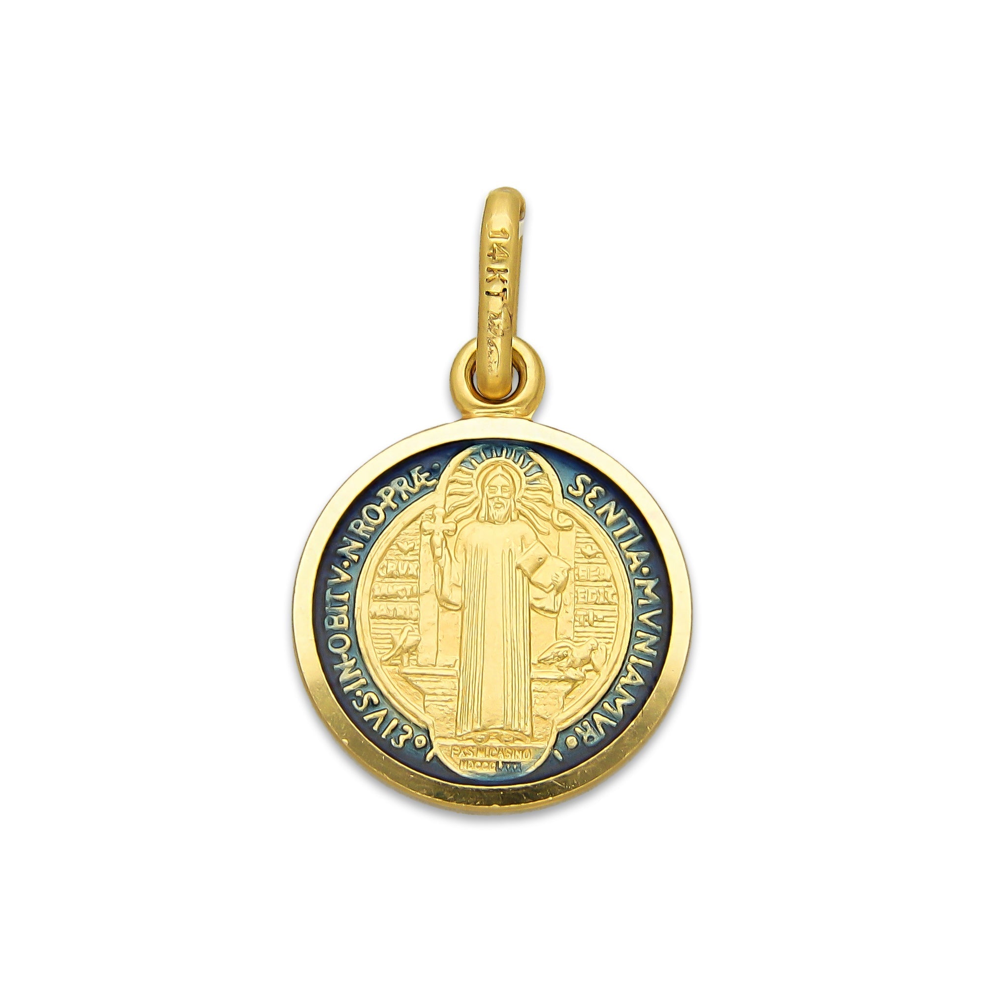 MR14DJ115 Dije Oro Sólido 14K EM Mod Medalla de San Benito Doble Vista Esmaltada Diámetro 1.3 cm