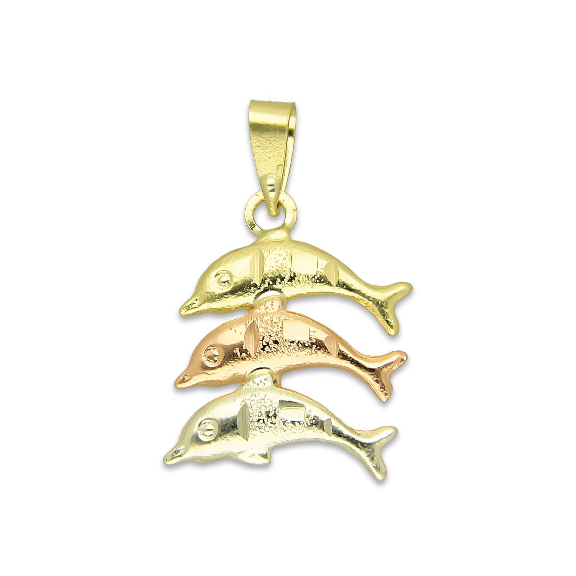 MR14DJ121 Dije Oro Sólido 14K Delfin Triada Troquelado Diamantado Florentino 1.3 cm x 2.3 cm