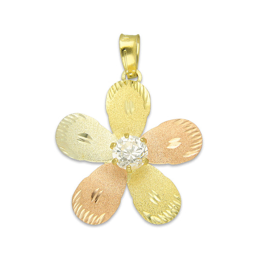 MR14DJ127 Dije Oro Sólido 14K Flor 5 Pétalos con Zirconia Diamantada Florentino 2.1 cm x 2.9 cm