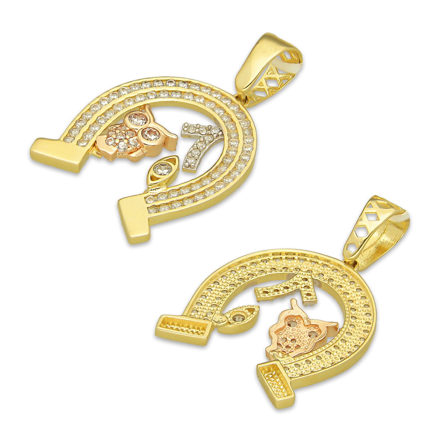 MR14DJ163 Dije Oro Sólido 14K EM Herradura de la Suerte con Zirconias 1.9 cm x 3 cm