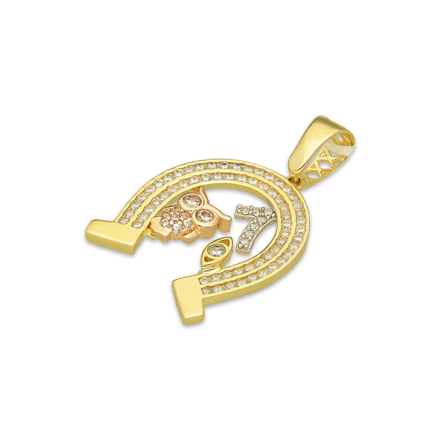 MR14DJ163 Dije Oro Sólido 14K EM Herradura de la Suerte con Zirconias 1.9 cm x 3 cm