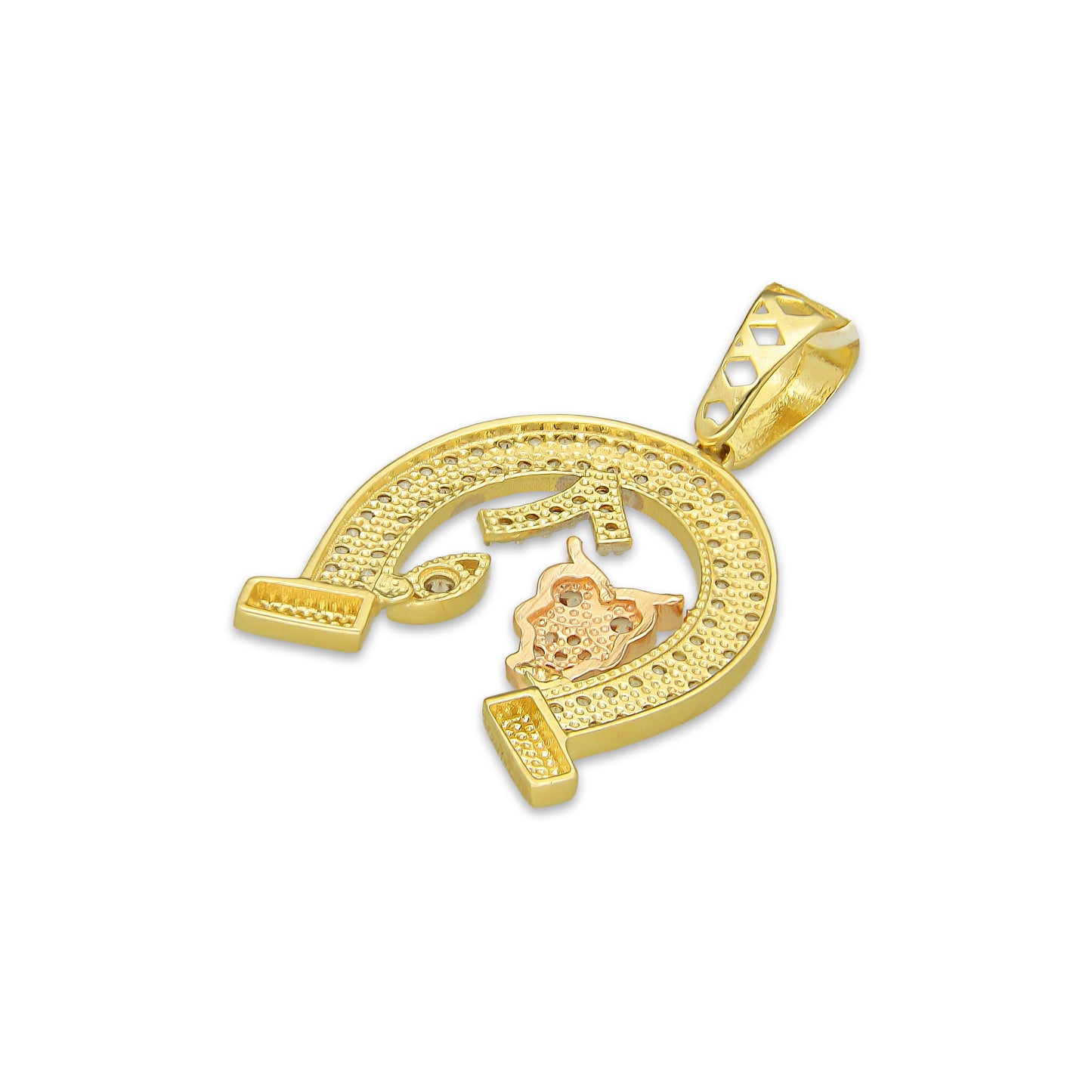 MR14DJ163 Dije Oro Sólido 14K EM Herradura de la Suerte con Zirconias 1.9 cm x 3 cm