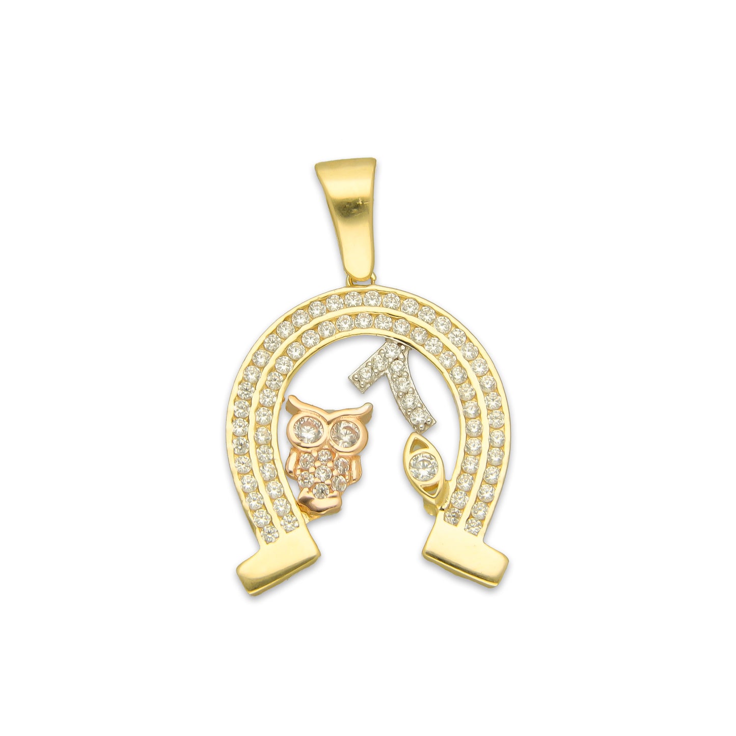 MR14DJ163 Dije Oro Sólido 14K EM Herradura de la Suerte con Zirconias 1.9 cm x 3 cm