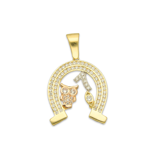 MR14DJ163 Dije Oro Sólido 14K EM Herradura de la Suerte con Zirconias 1.9 cm x 3 cm