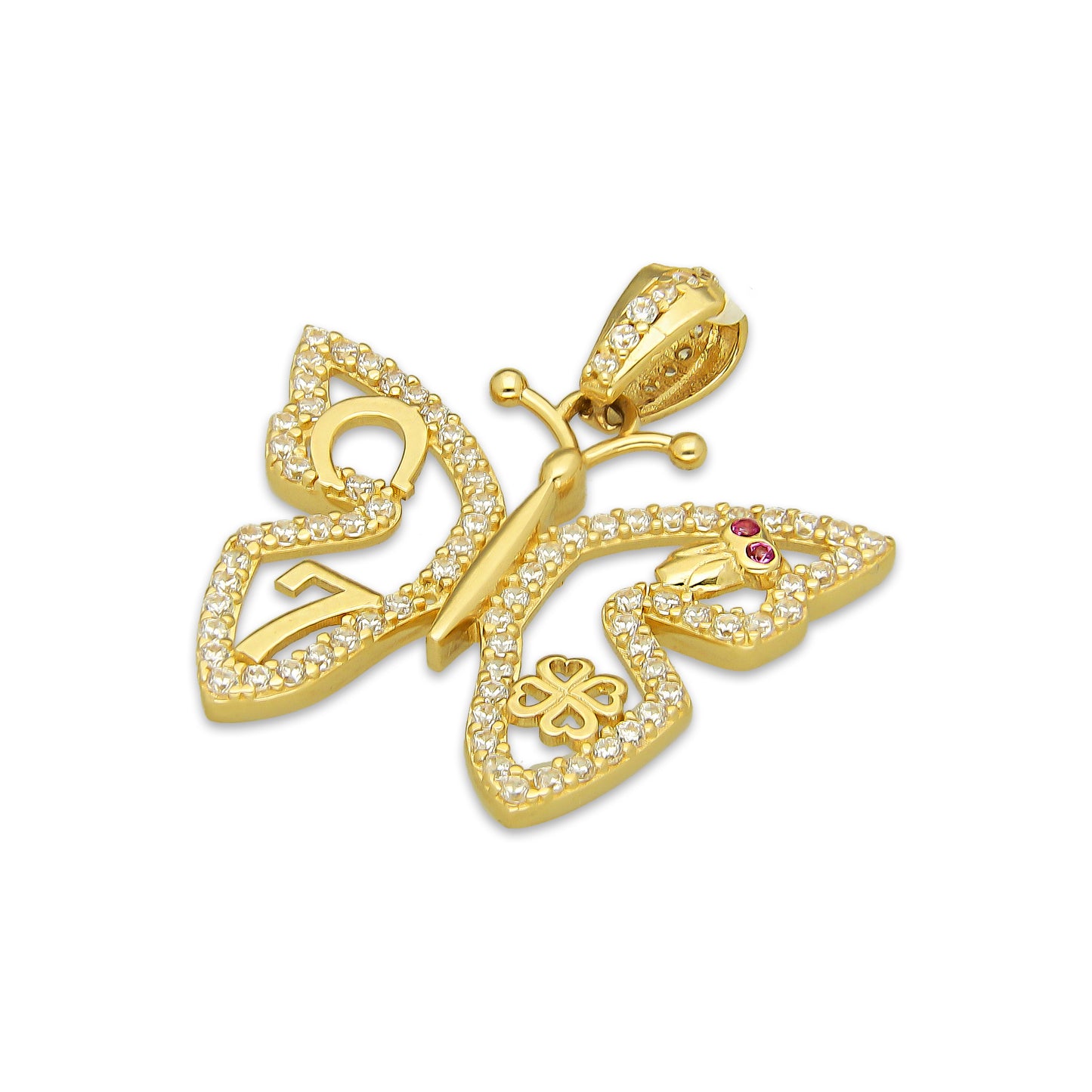 MR14DJ164 Dije Oro Sólido 14K EM Mariposa de la Suerte con Zirconias 2.4 cm x 2.6 cm