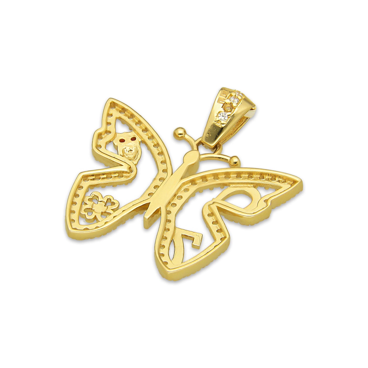 MR14DJ164 Dije Oro Sólido 14K EM Mariposa de la Suerte con Zirconias 2.4 cm x 2.6 cm