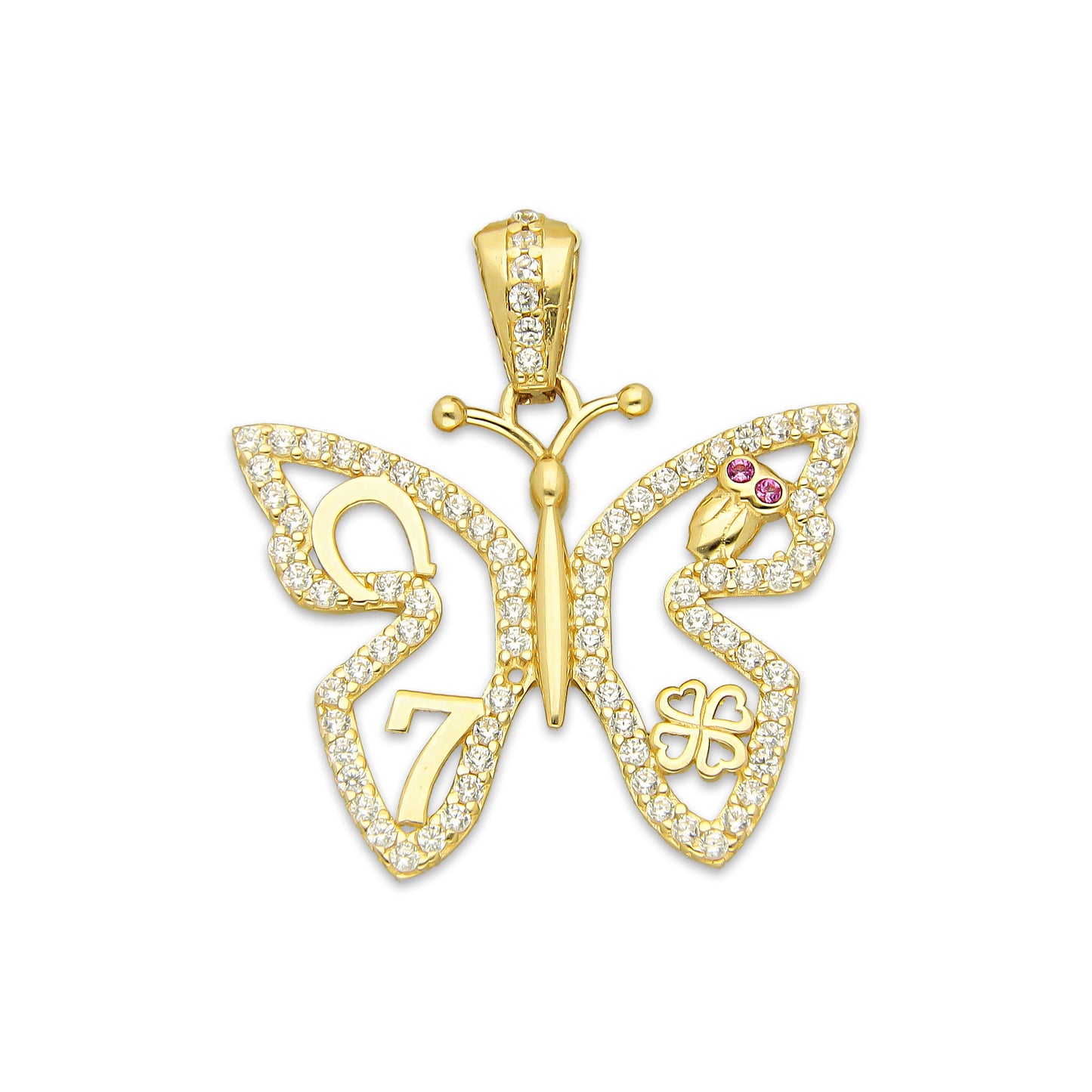 MR14DJ164 Dije Oro Sólido 14K EM Mariposa de la Suerte con Zirconias 2.4 cm x 2.6 cm
