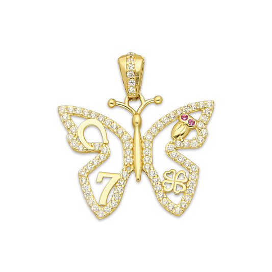 MR14DJ164 Dije Oro Sólido 14K EM Mariposa de la Suerte con Zirconias 2.4 cm x 2.6 cm
