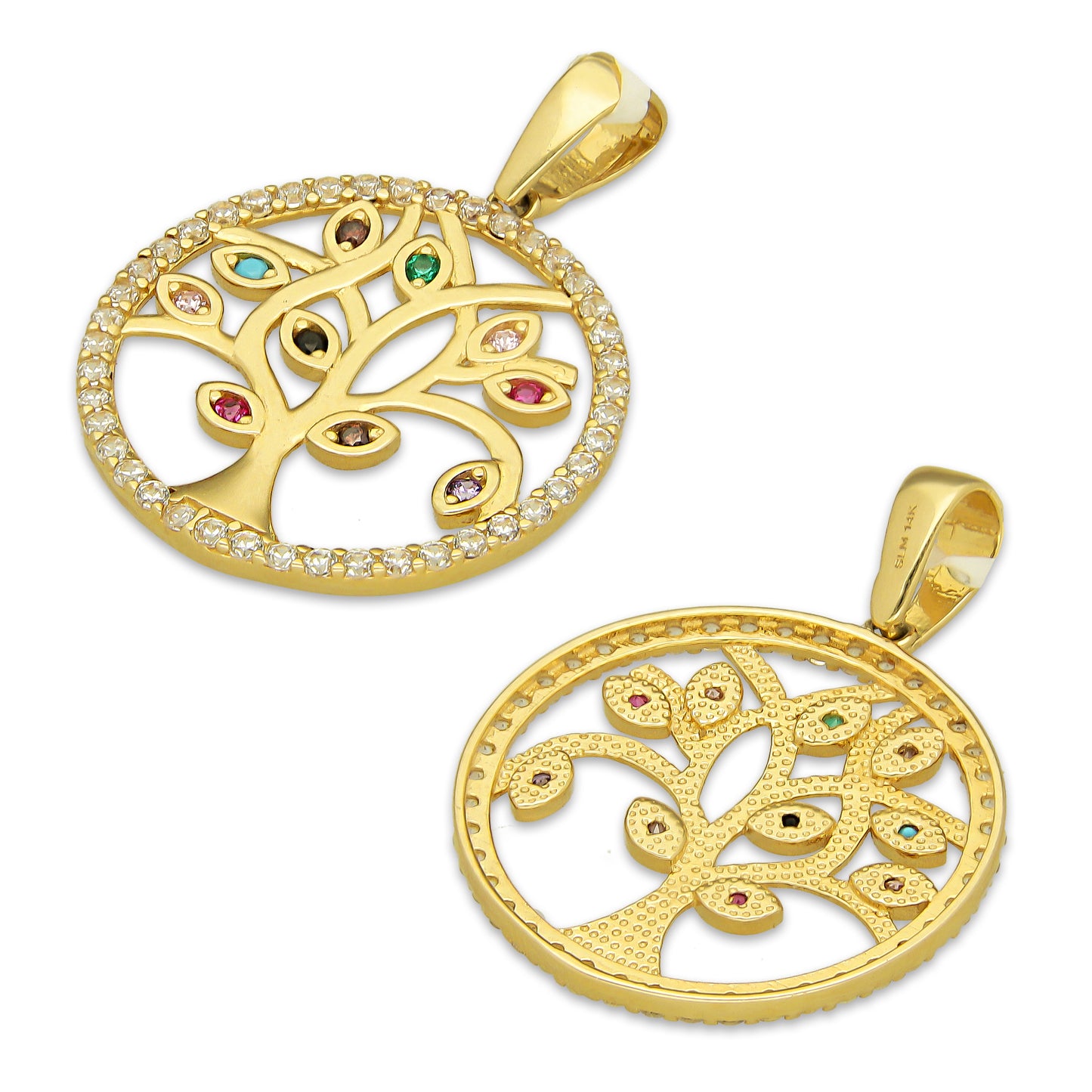 MR14DJ165 Dije Oro Sólido 14K EM Círculo Árbol de la Suerte con Hojas Multicolor 2.6 cm x 2.9 cm