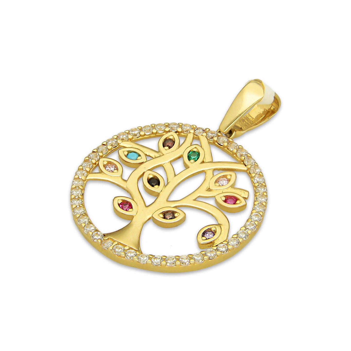 MR14DJ165 Dije Oro Sólido 14K EM Círculo Árbol de la Suerte con Hojas Multicolor 2.6 cm x 2.9 cm