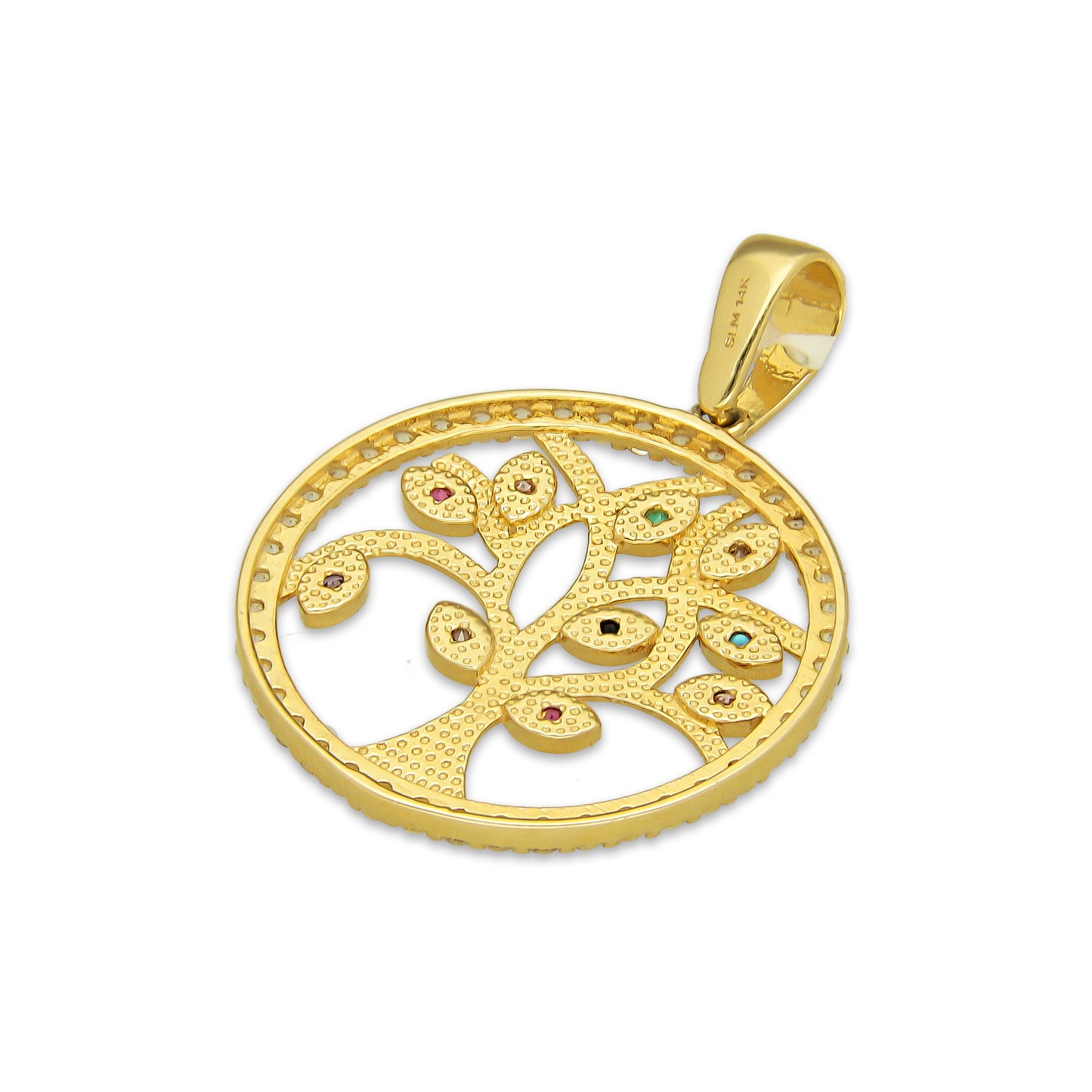MR14DJ165 Dije Oro Sólido 14K EM Círculo Árbol de la Suerte con Hojas Multicolor 2.6 cm x 2.9 cm