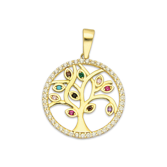 MR14DJ165 Dije Oro Sólido 14K EM Círculo Árbol de la Suerte con Hojas Multicolor 2.6 cm x 2.9 cm