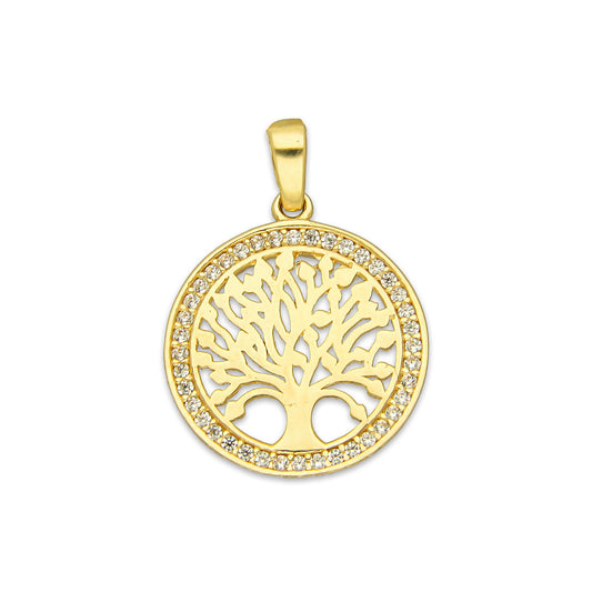 MR14DJ166 Dije Oro Sólido 14K EM Árbol de la Vida Bisel con Zirconias 1.6 cm x 2.3 cm