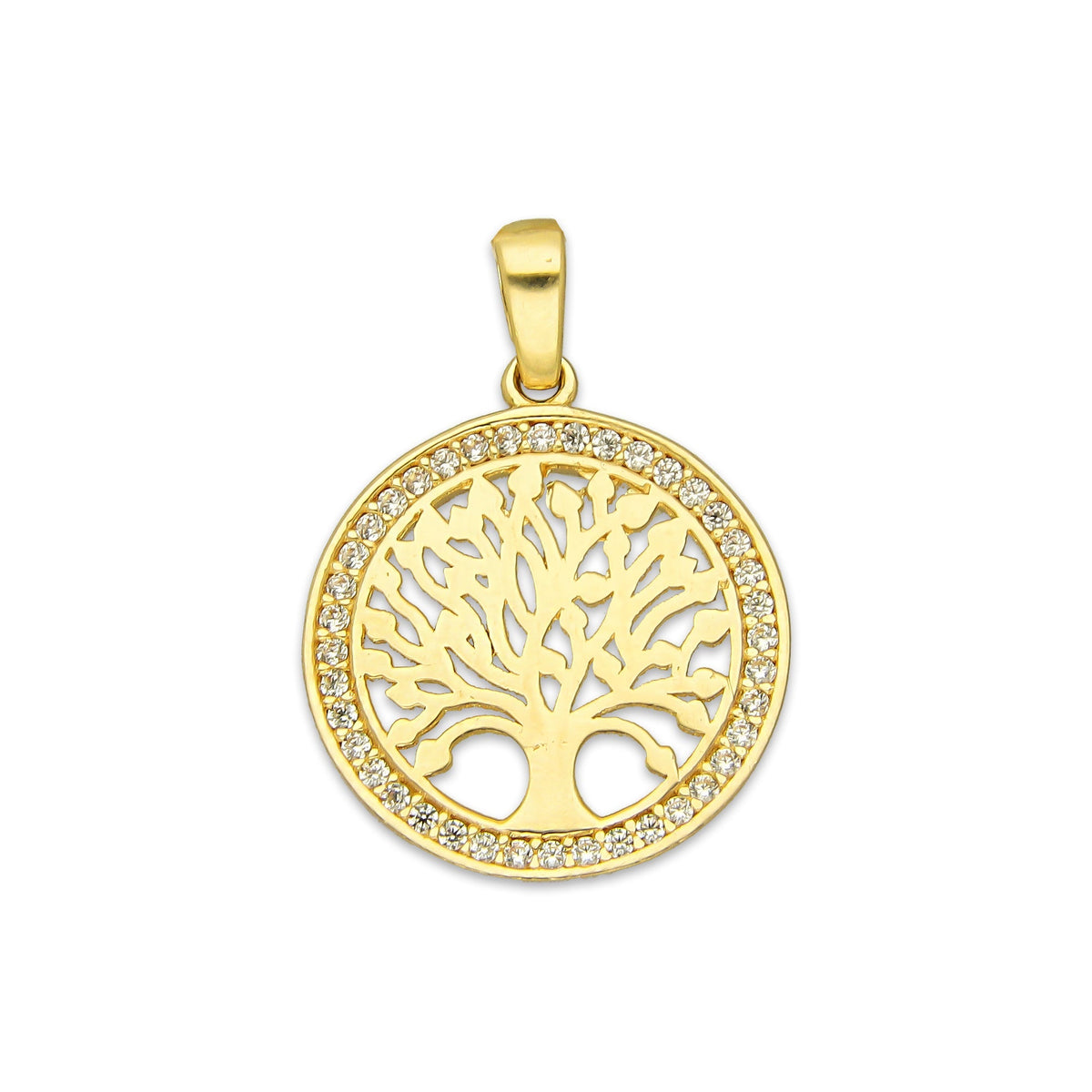 MR14DJ166 Dije Oro Sólido 14K EM Árbol de la Vida Bisel con Zirconias 1.6 cm x 2.3 cm