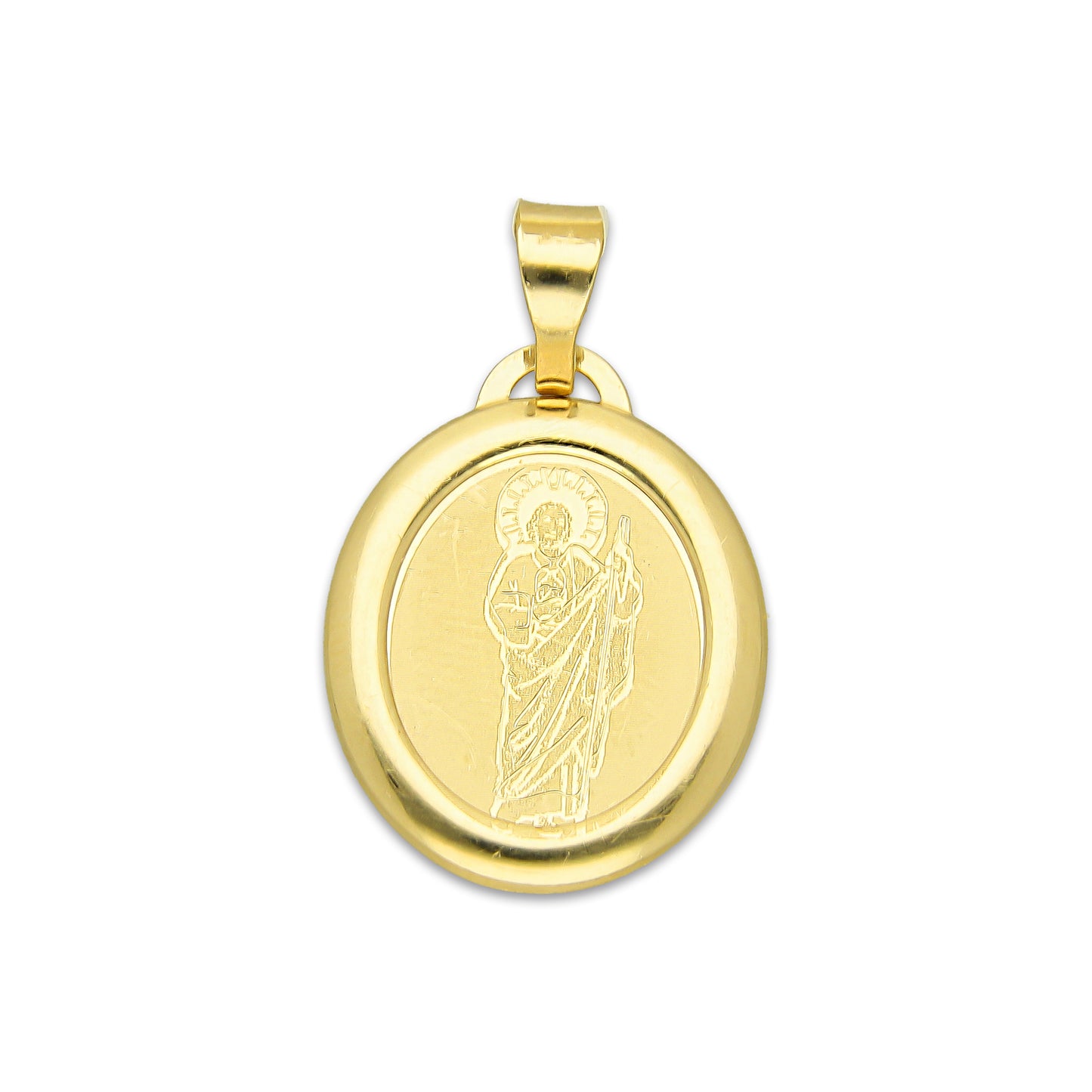 MR14DJ170 Dije Oro Sólido 14K EM San Judas Láser Bisel Liso 1.5 cm x 2.5 cm
