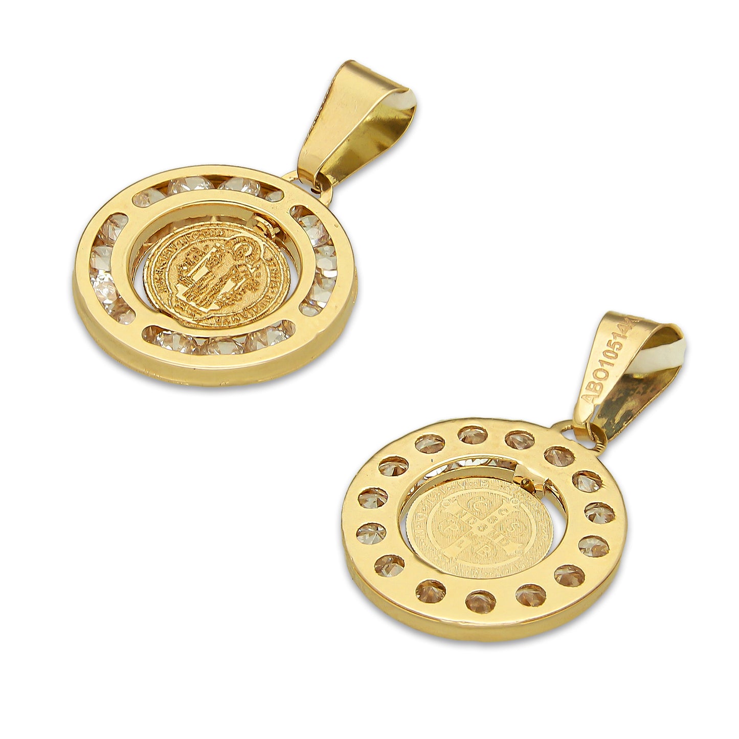 MR14DJ171 Dije Oro Sólido 14K EM San Benito Bisel con Zirconias 1.3 cm x 2.1 cm