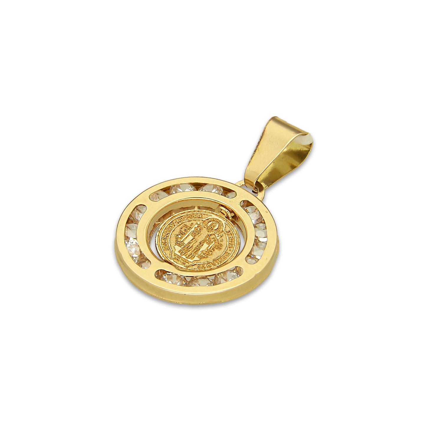 MR14DJ171 Dije Oro Sólido 14K EM San Benito Bisel con Zirconias 1.3 cm x 2.1 cm