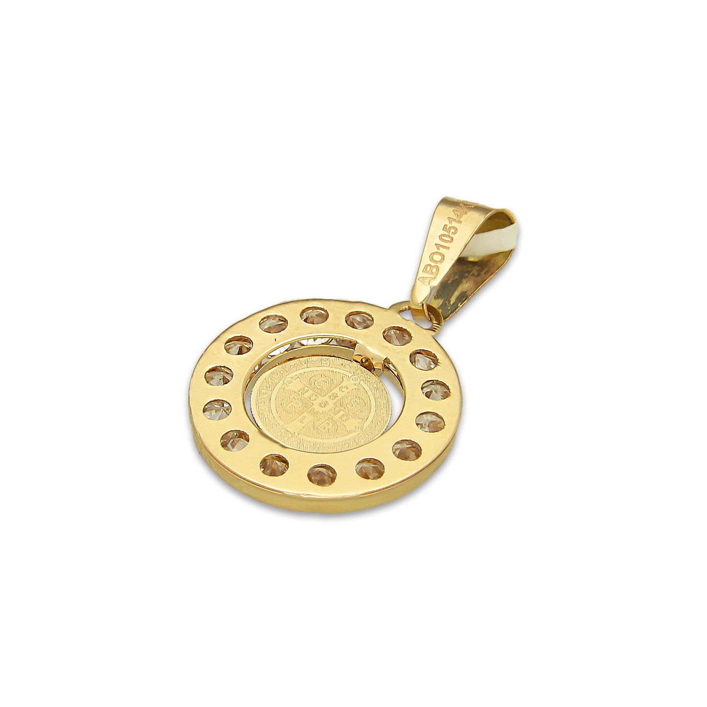 MR14DJ171 Dije Oro Sólido 14K EM San Benito Bisel con Zirconias 1.3 cm x 2.1 cm