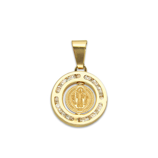 MR14DJ171 Dije Oro Sólido 14K EM San Benito Bisel con Zirconias 1.3 cm x 2.1 cm