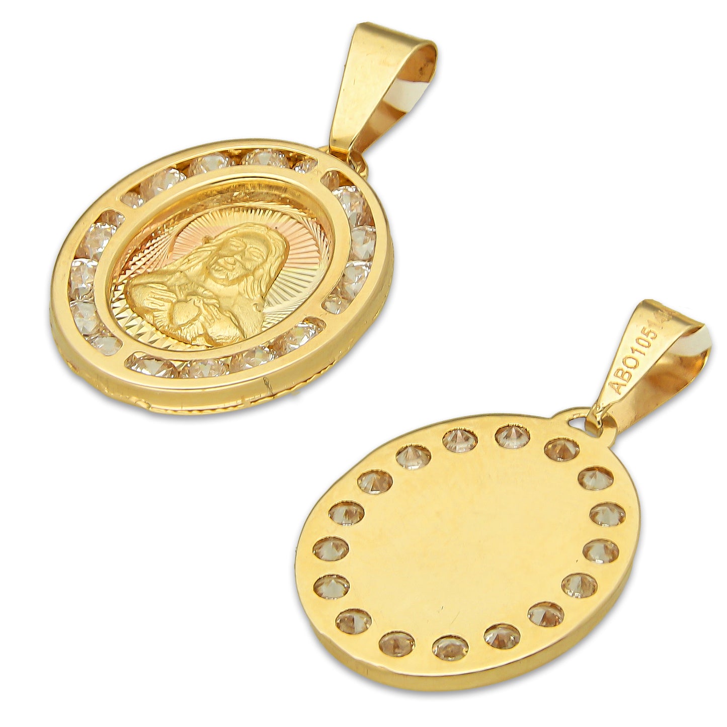 MR14DJ172 Dije Oro Sólido 14K EM Sagrado Corazón Ovalado con Zirconias 1.4 cm x 2.5 cm