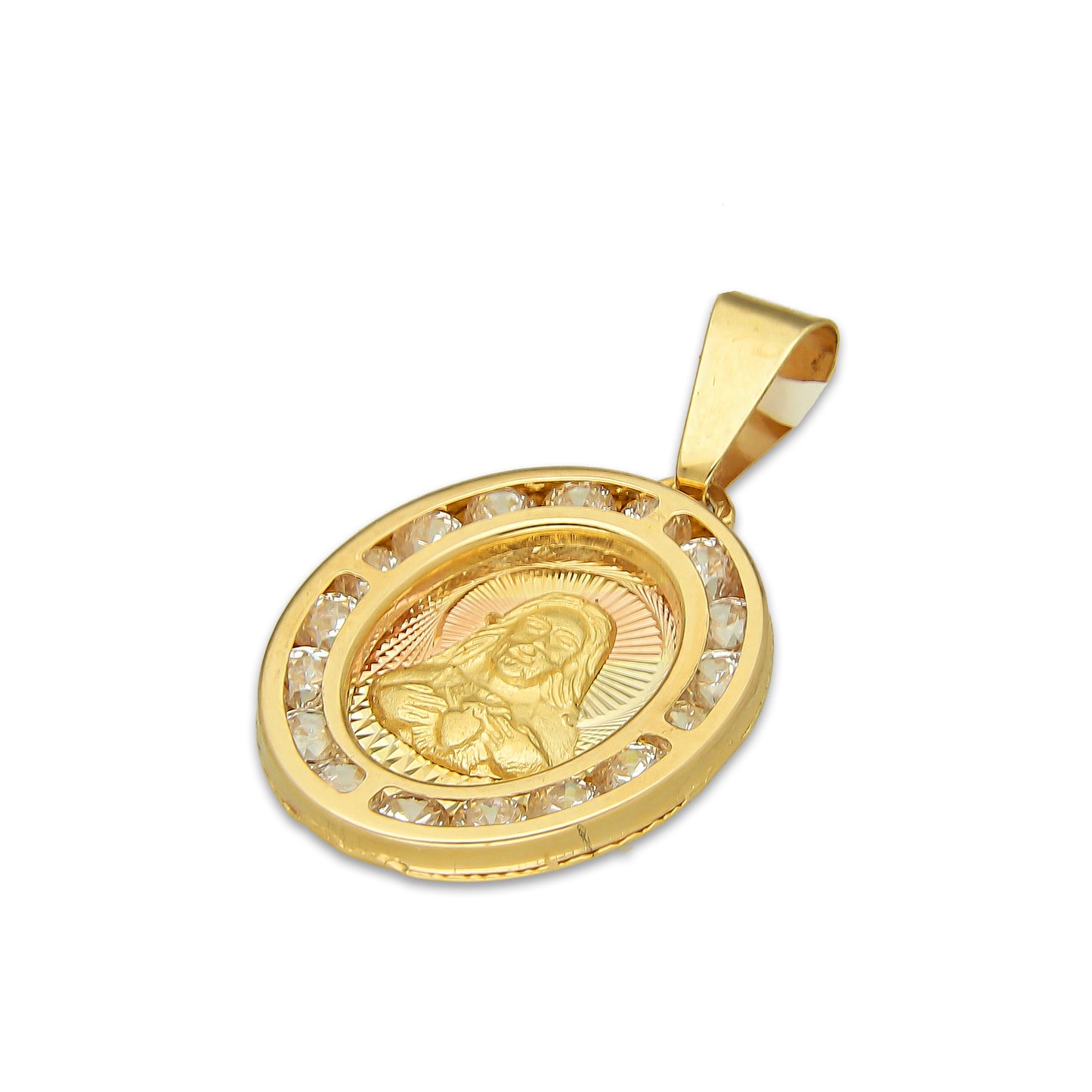 MR14DJ172 Dije Oro Sólido 14K EM Sagrado Corazón Ovalado con Zirconias 1.4 cm x 2.5 cm