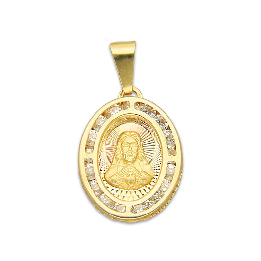 MR14DJ172 Dije Oro Sólido 14K EM Sagrado Corazón Ovalado con Zirconias 1.4 cm x 2.5 cm