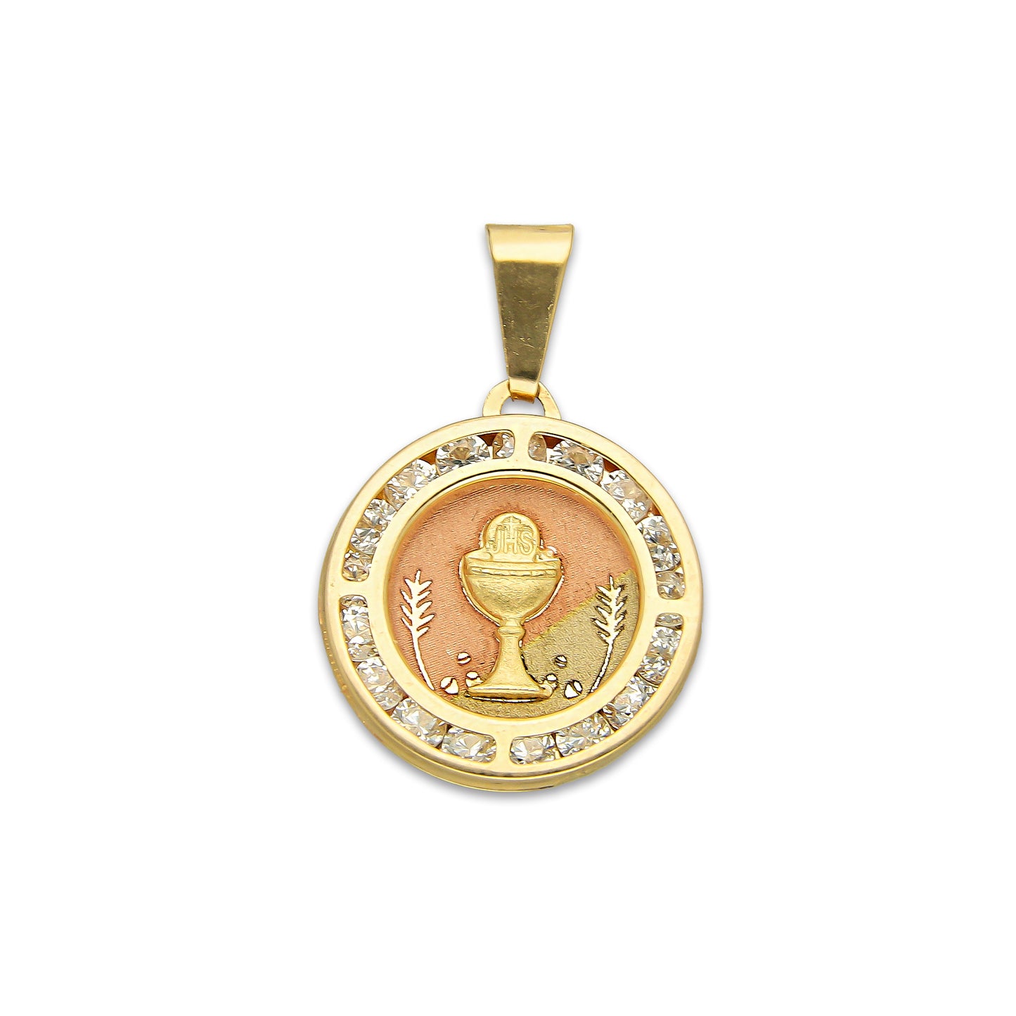 MR14DJ173 Dije Oro Sólido 14K EM Primera Comunión Redonda con Zirconias 1.5 cm x 2.3 cm