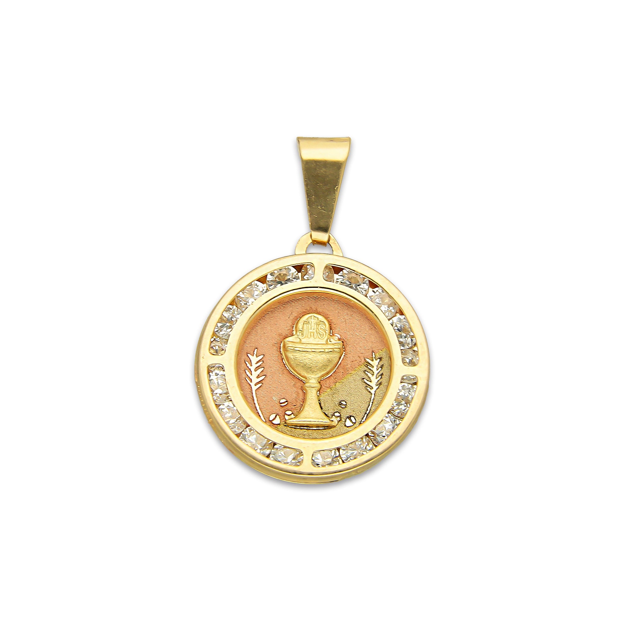 MR14DJ173 Dije Oro Sólido 14K EM Primera Comunión Redonda con Zirconias 1.5 cm x 2.3 cm