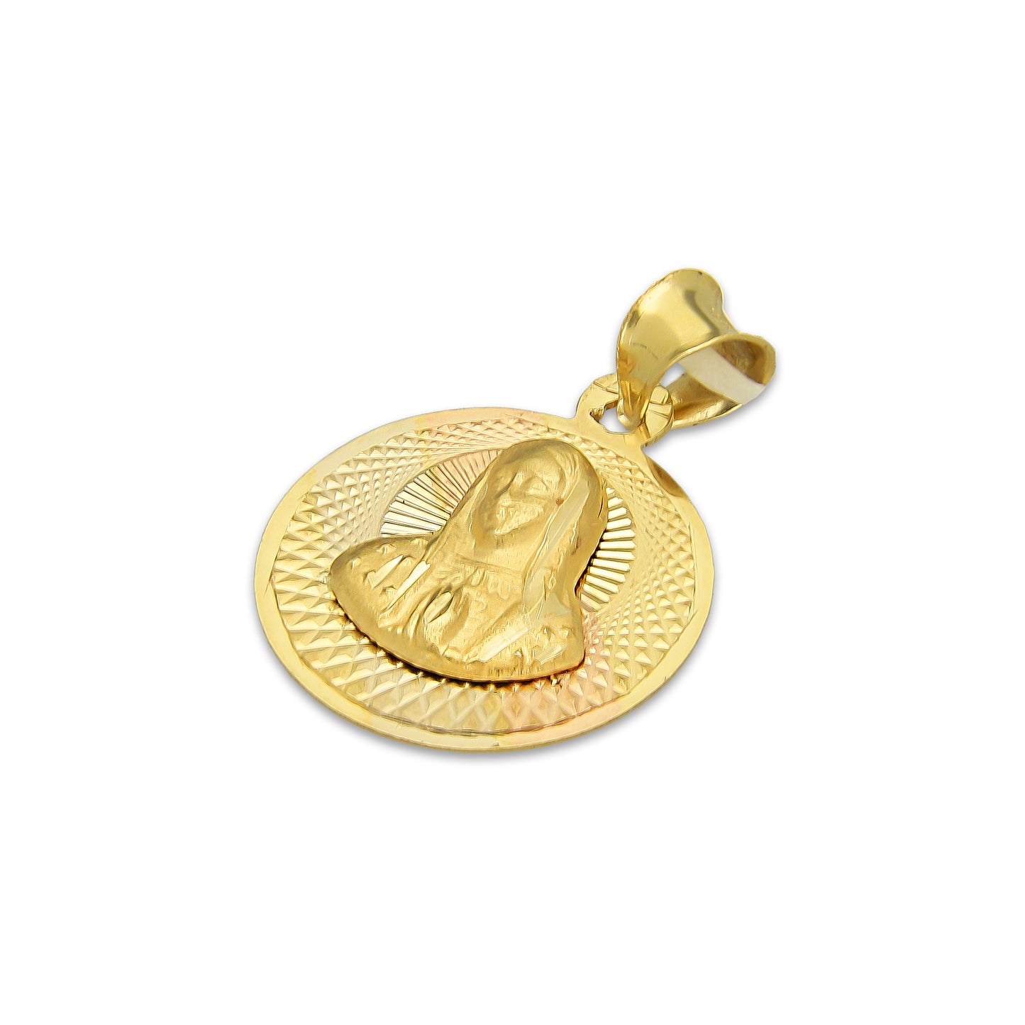 MR14DJ174 Dije Oro Sólido 14K EM Busto Virgen Redonda Diamantado Radial 1.6 cm x 2.3 cm