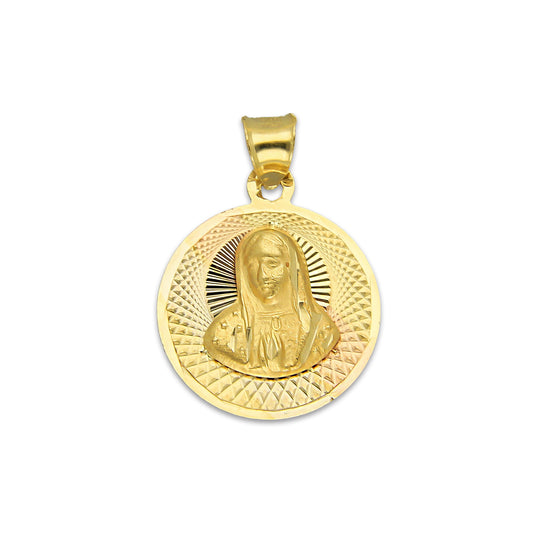 MR14DJ174 Dije Oro Sólido 14K EM Busto Virgen Redonda Diamantado Radial 1.6 cm x 2.3 cm