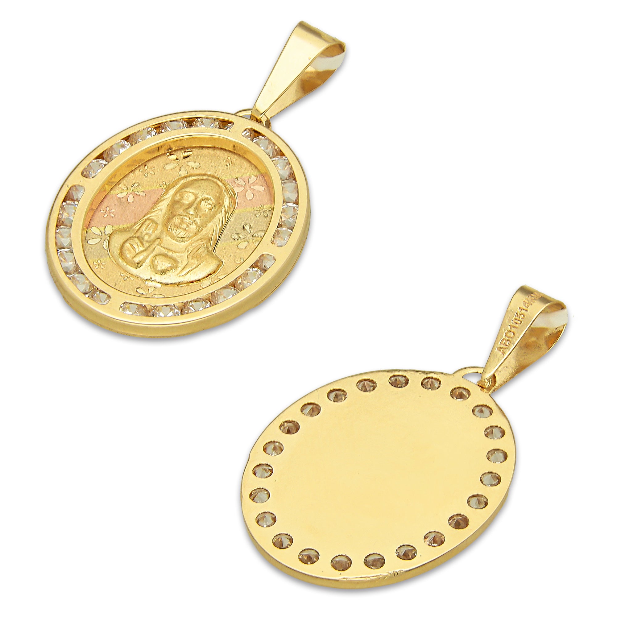 MR14DJ175 Dije Oro Sólido 14K EM Busto Sagrado Corazón Láser Florentino con Flores Láser Óvalo Bisel con Zirconias 1.7 cm x 3.1 cm