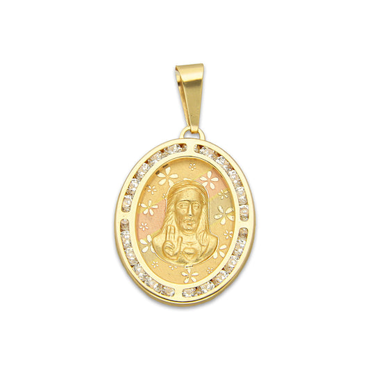 MR14DJ175 Dije Oro Sólido 14K EM Busto Sagrado Corazón Láser Florentino con Flores Láser Óvalo Bisel con Zirconias 1.7 cm x 3.1 cm
