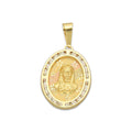 MR14DJ175 Dije Oro Sólido 14K EM Busto Sagrado Corazón Láser Florentino con Flores Láser Óvalo Bisel con Zirconias 1.7 cm x 3.1 cm
